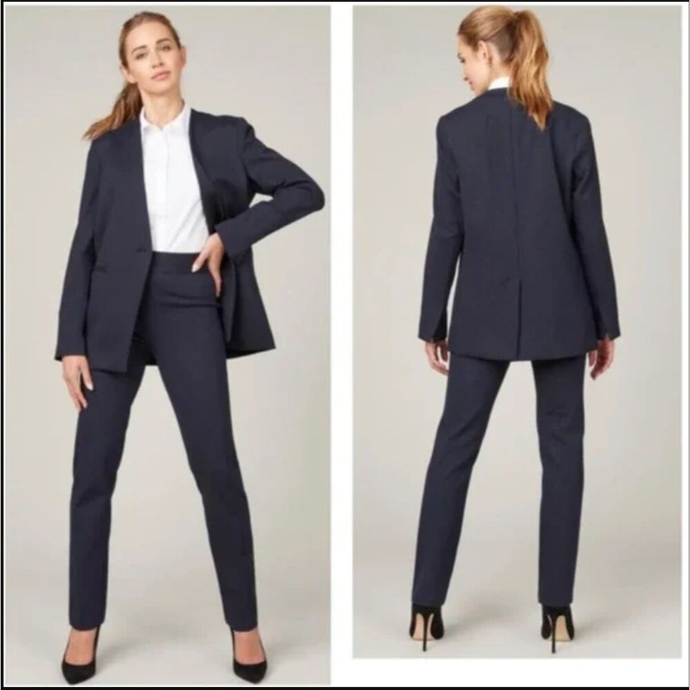 Spanx Perfect Collarless‎ Blazer L Navy Grey Pinstripe Ponte NWT Power Corporate